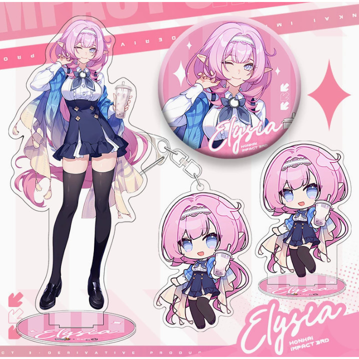 Set 4 món Elysia Honkai Impact 3 standee móc khóa huy hiệu