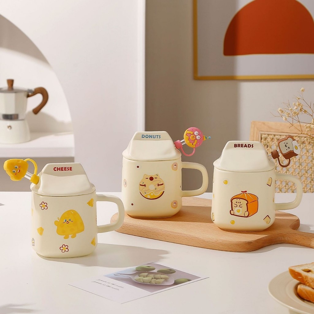 Ly Sứ, Cốc Sứ Có Nắp Kèm Muỗng Cheese Donuts Breads Dễ Thương Có Hộp quà tặng - LY SỨ XINH Cốc Uống 