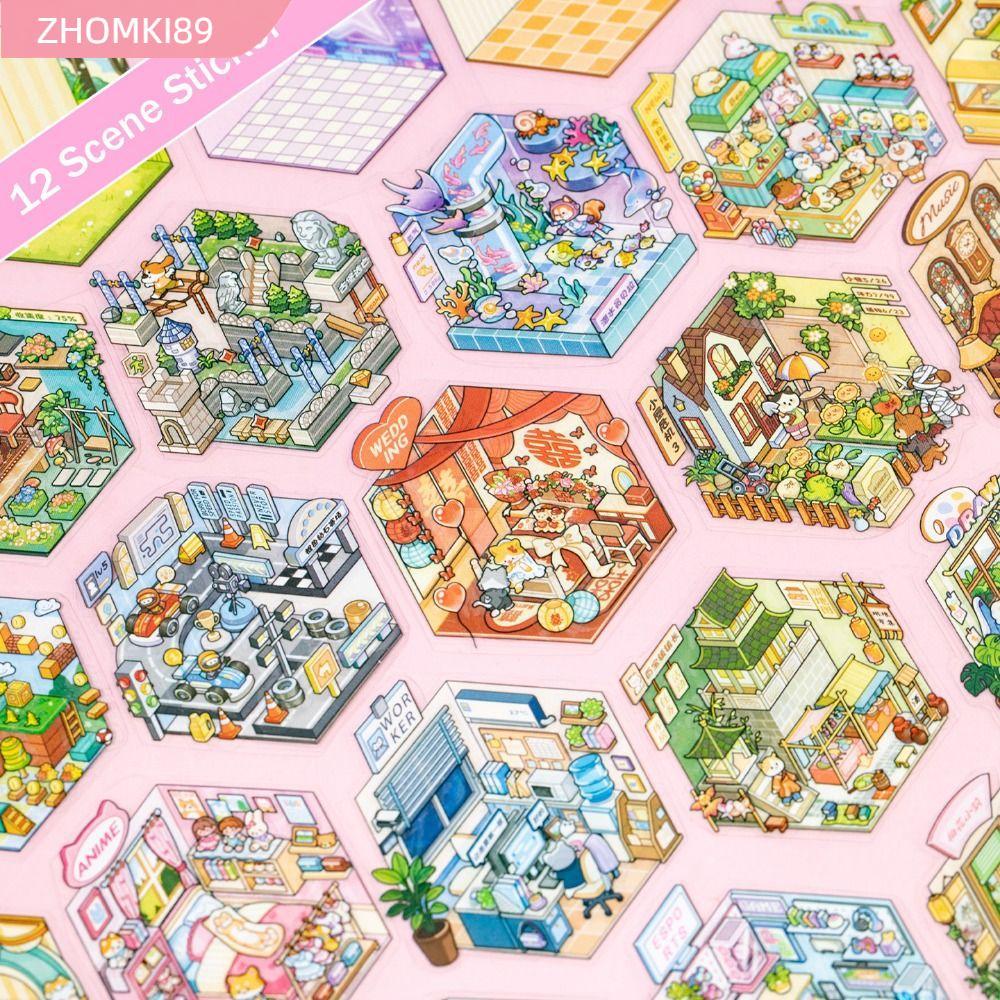 ZHOMKI89 Die-Cut Scene Sticker, Visual Stacking Decompression Miniature Scenery Collection Volume, F