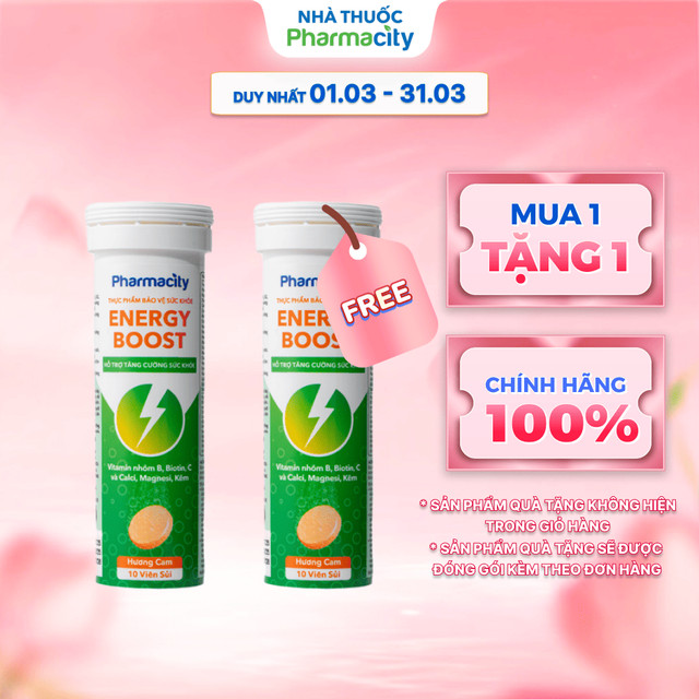 Viên sủi Pharmacity Energy Boost hương cam hỗ trợ tăng cường sức khỏe (Tuýp 10 viên)