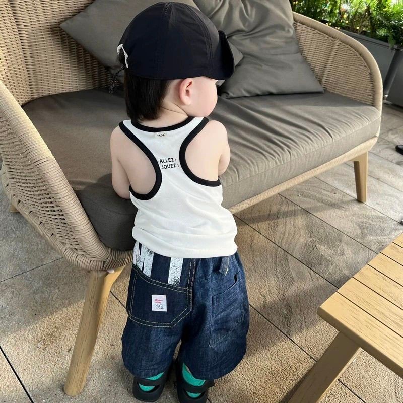 Áo thun Vest ngắn tay cho trẻ em thời trang thời trang màu sắc tương phản cho bé treo vai bên trong trận đấu#现货儿童短袖背心T恤洋气时髦宝宝撞色挂肩内搭