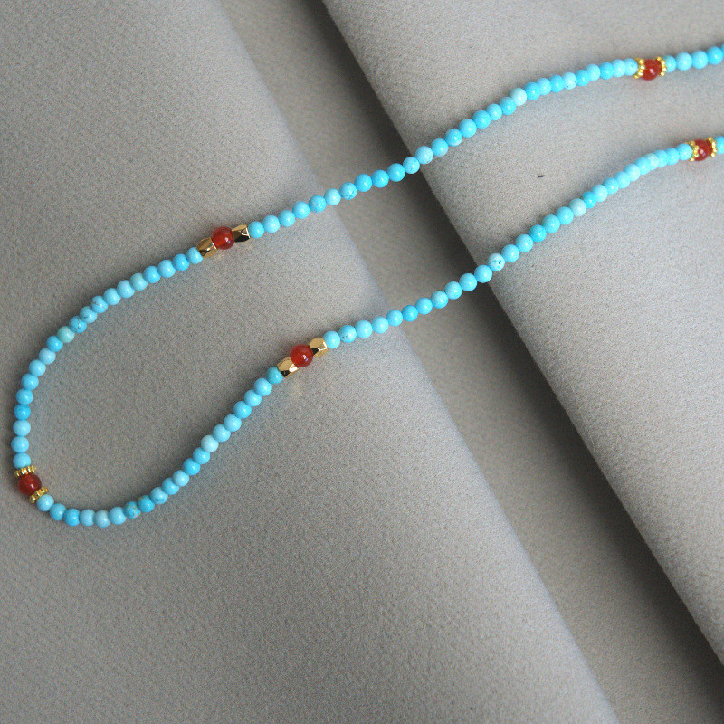 New Chinese-style blue beaded necklace, vintage Chinese-style bohemian red agate long sweater chain