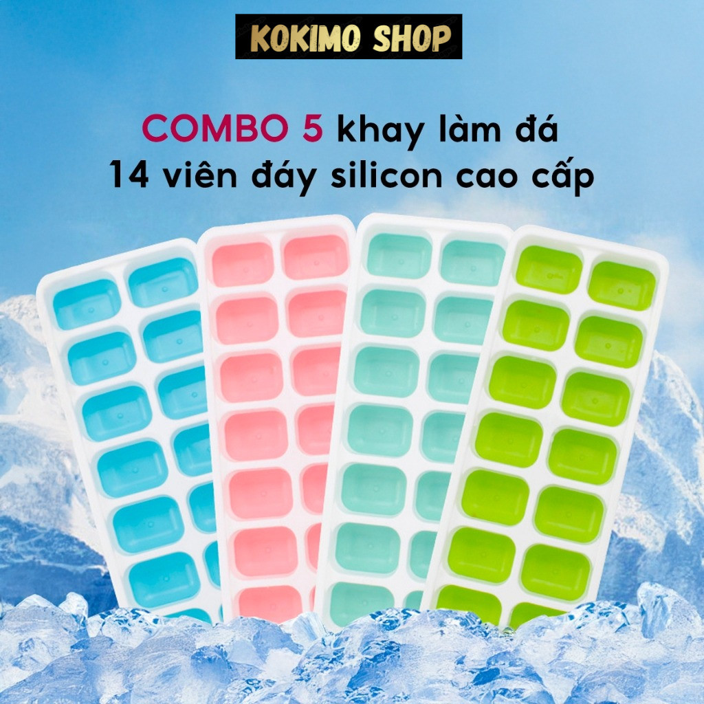 COMBO 5 Khay Làm Đá Silicon Có Nắp Đậy ohBabyo Khuôn Làm Đá Tủ Lạnh Bảo Quản Chống Mùi Hiệu Quả