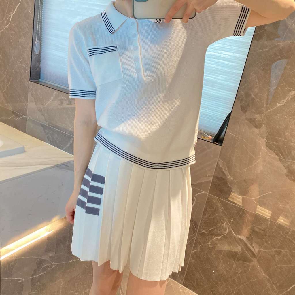 QDOH Thom Browne Summer College Style New Waffle Striped Knit Slimming Short Sleeve T Women's short-