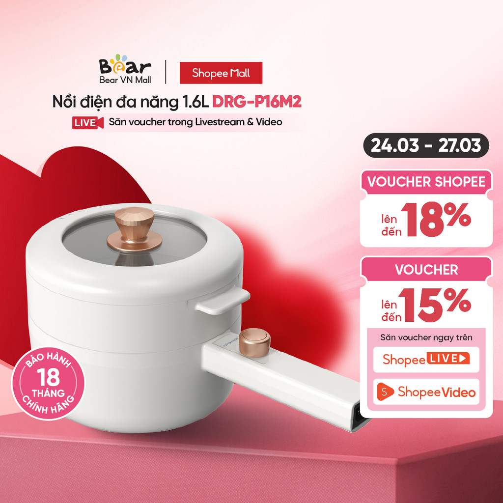 Nồi điện đa năng 1.6L Bear DRG-P16M2/ DRG-E15P2 (kèm khay hấp) - Chính hãng - BH 18 tháng