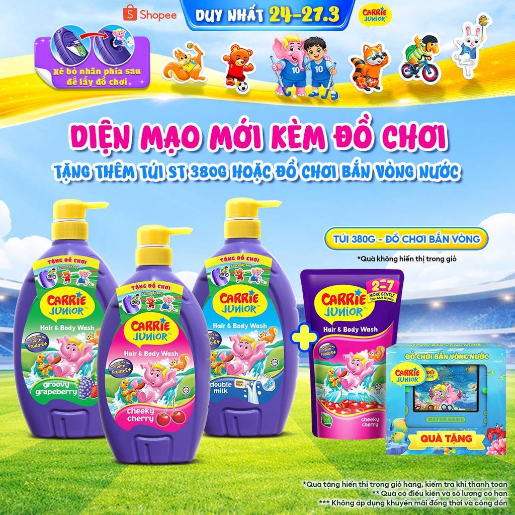 [MỚI-Tặng đồ chơi bắn vòng nước] Chai Sữa Tắm Gội cho bé Carrie Junior hương trái cây 700g (Tặng mùi ngẫu nhiên)