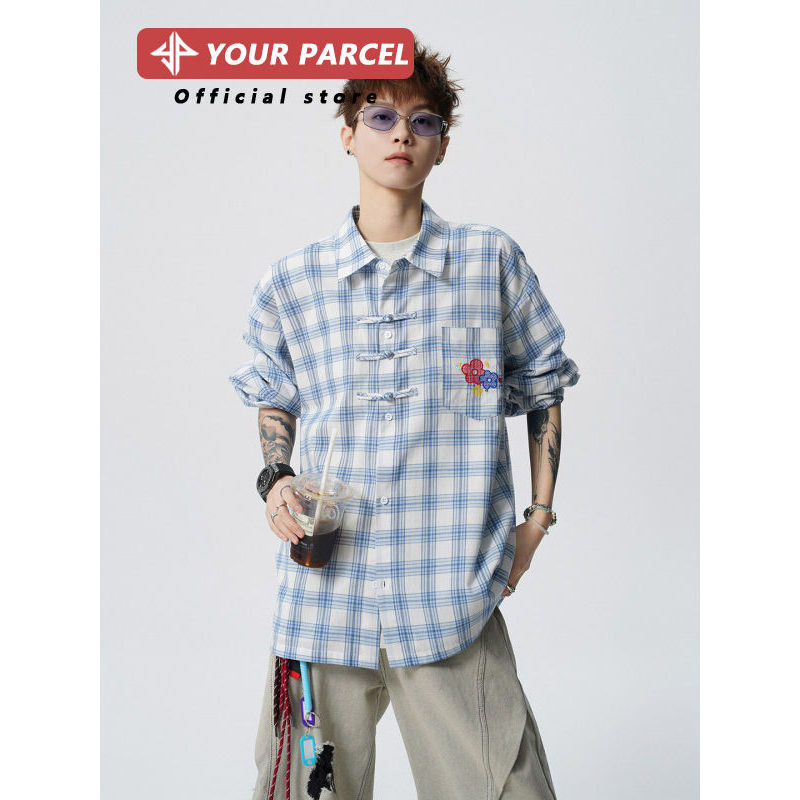 Mỹ Retro Thêu Kẻ Sọc Ve Áo Sơ Mi Nam Mùa Xuân Niche Nhiều Amine Rời Thường Ngày Cặp Đôi Áo Sơ Mi Tay