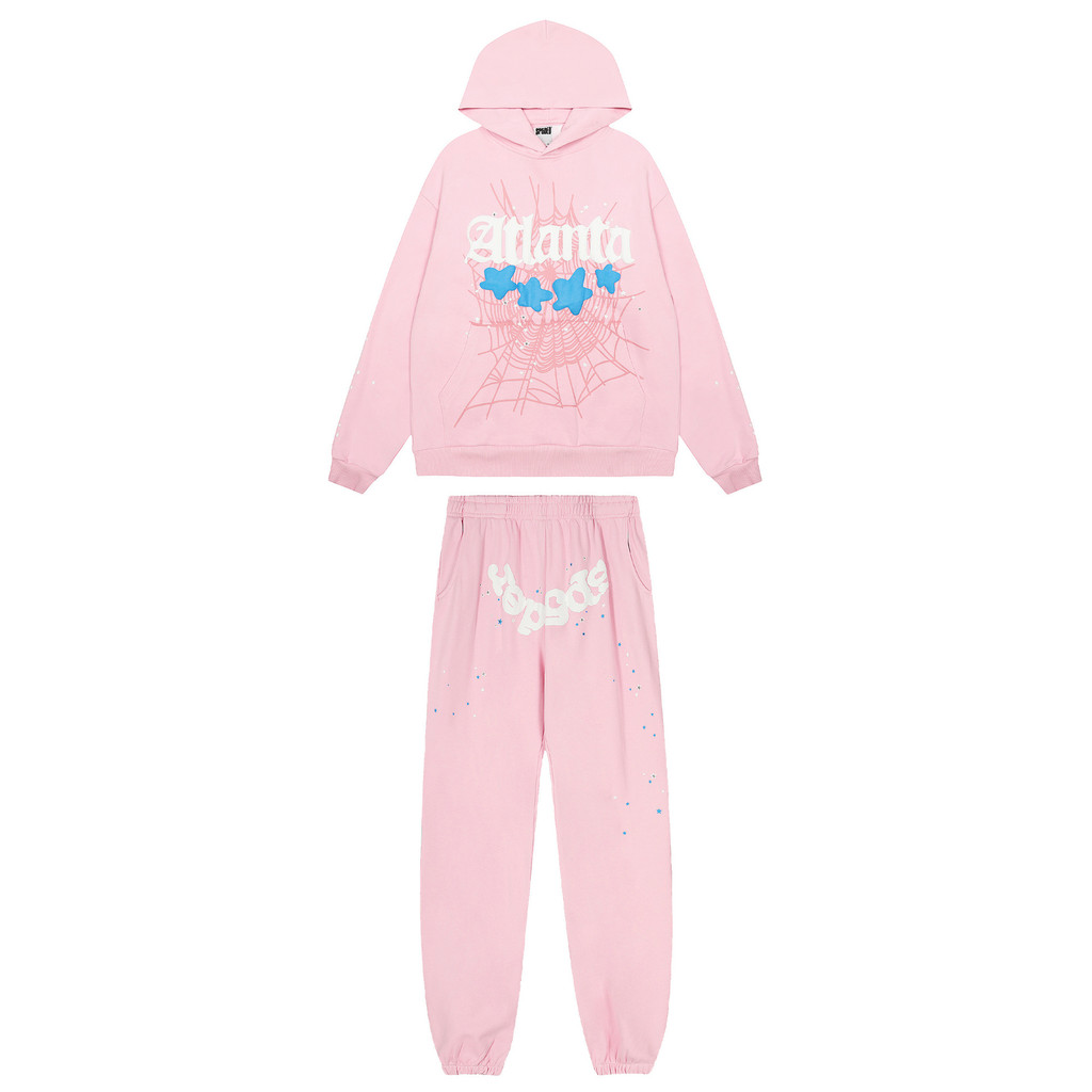 NA5G American street Sp5der 555555 White foam letter spider web hoodie and sweatpants rose pink set