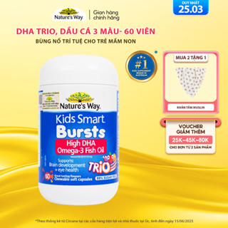 Viên Nhai Dầu Cá Ba Màu Nature's Way Omega-3 Fish Oil Trio Hỗ Trợ Tốt Cho Não Bộ Và Mắt Cho Bé 60 Viên