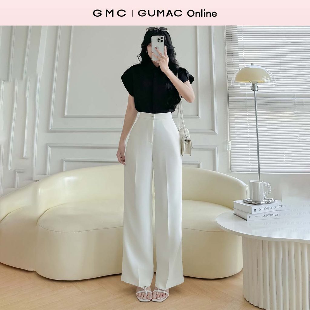 Quần tây nữ ống suông màu trắng nút bọc chất liệu cotton silk mềm mịn thời trang GUMAC QF08032