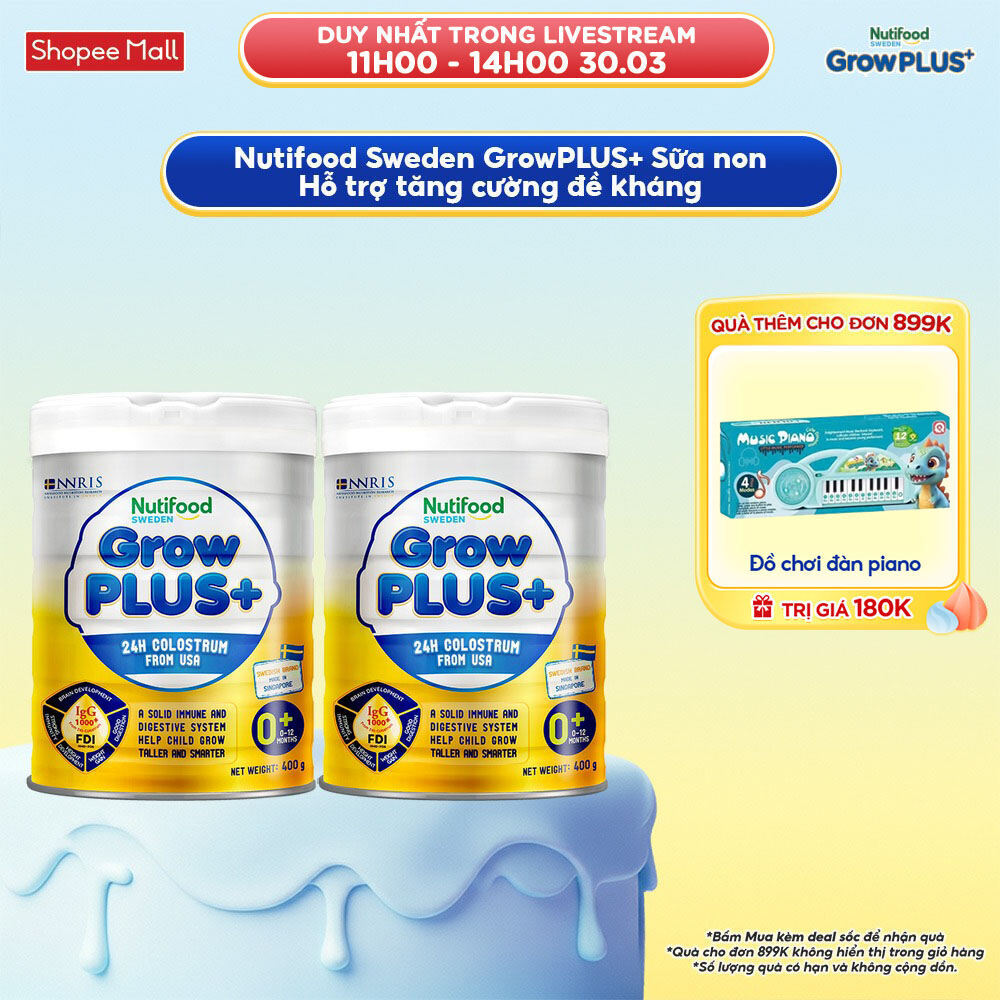 Combo 2 Sữa bột Nutifood GrowPLUS+ Vàng (Sữa Non Tăng Đề Kháng) 0-12 tháng (400g/Lon)