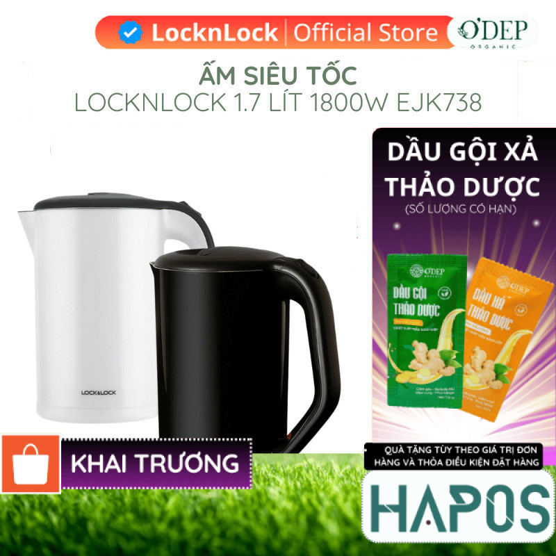 Ấm siêu tốc 1.7L 1800W LocknLock Chính Hãng đun sôi nhanh, lõi Inox chống ăn mòn EJK738BLK - BH 2 NĂ