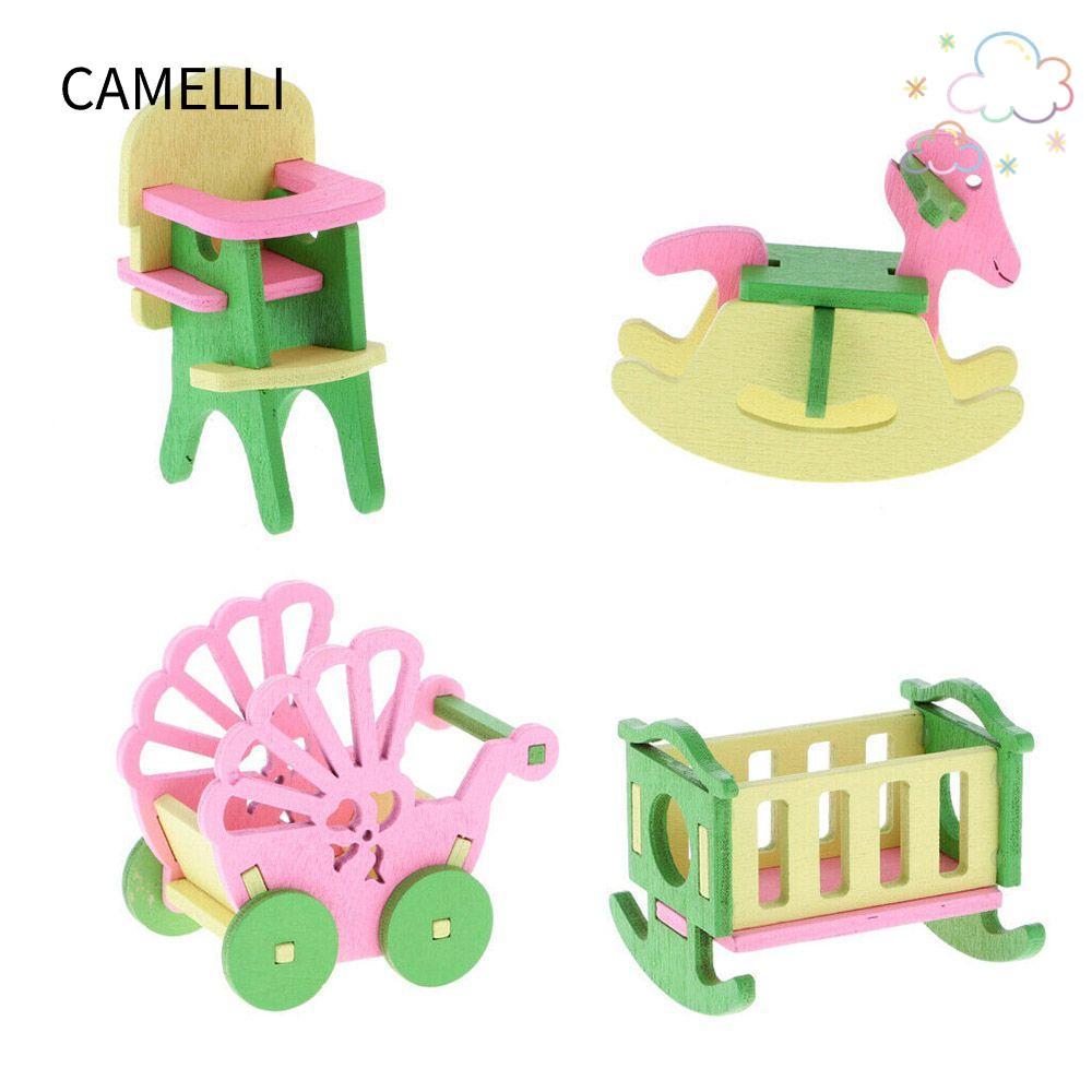 CAMELLI Nhà Búp Bê Đồ Chơi Mô Phỏng Bằng Gỗ DIY Mầm Non Ghế Ăn Nhà Búp Bê