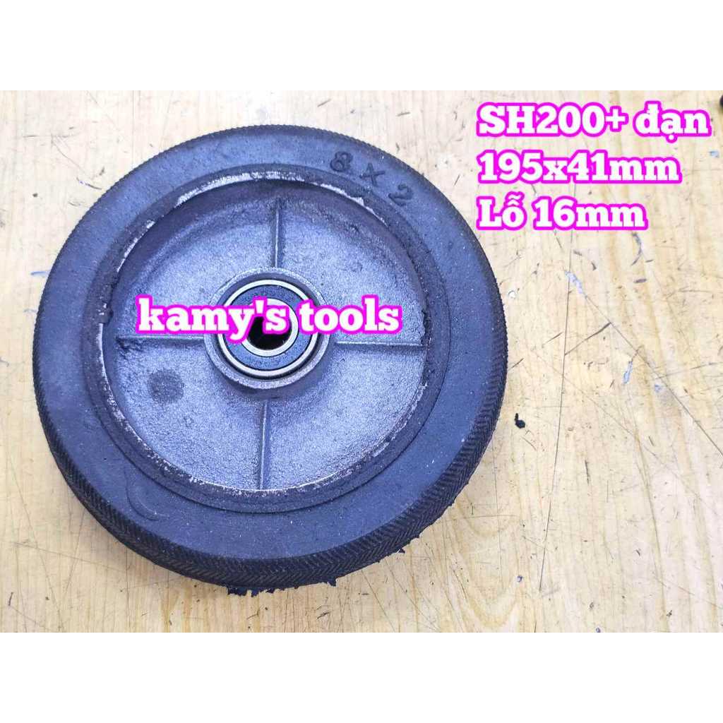 Bánh xe cao su đặc Sanho 200mm kèm bạc đạn 6203RS lỗ 16mm 195x41mm Kamytools