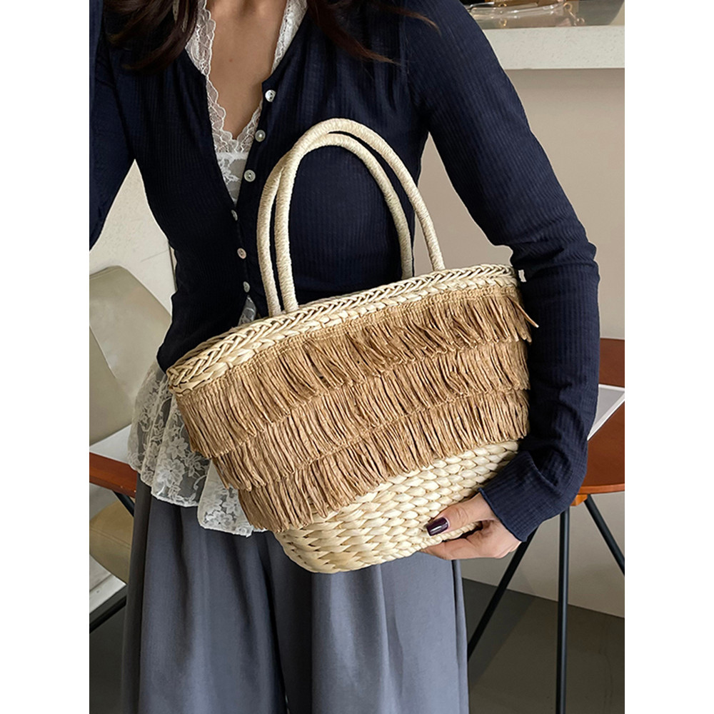 Niche Tua Rua Túi Rơm Nữ Du Lịch Mùa Hè Pháp Văn Học Ảnh Kỳ Nghỉ Bên bờ Biển Túi Xách Dệt