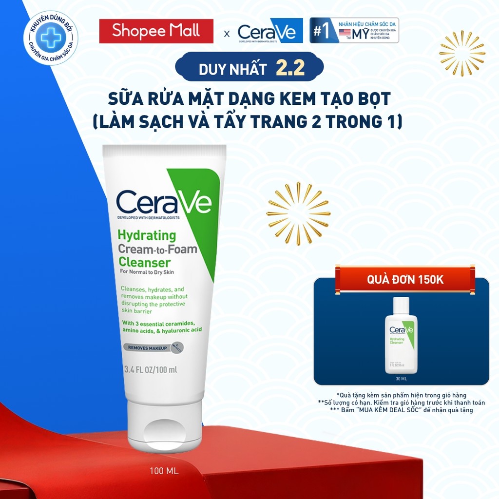 Sữa rửa mặt CeraVe dạng kem tạo bọt (làm sạch và tẩy trang 2 trong 1) Hydrating Cream-to-Foam Cleans