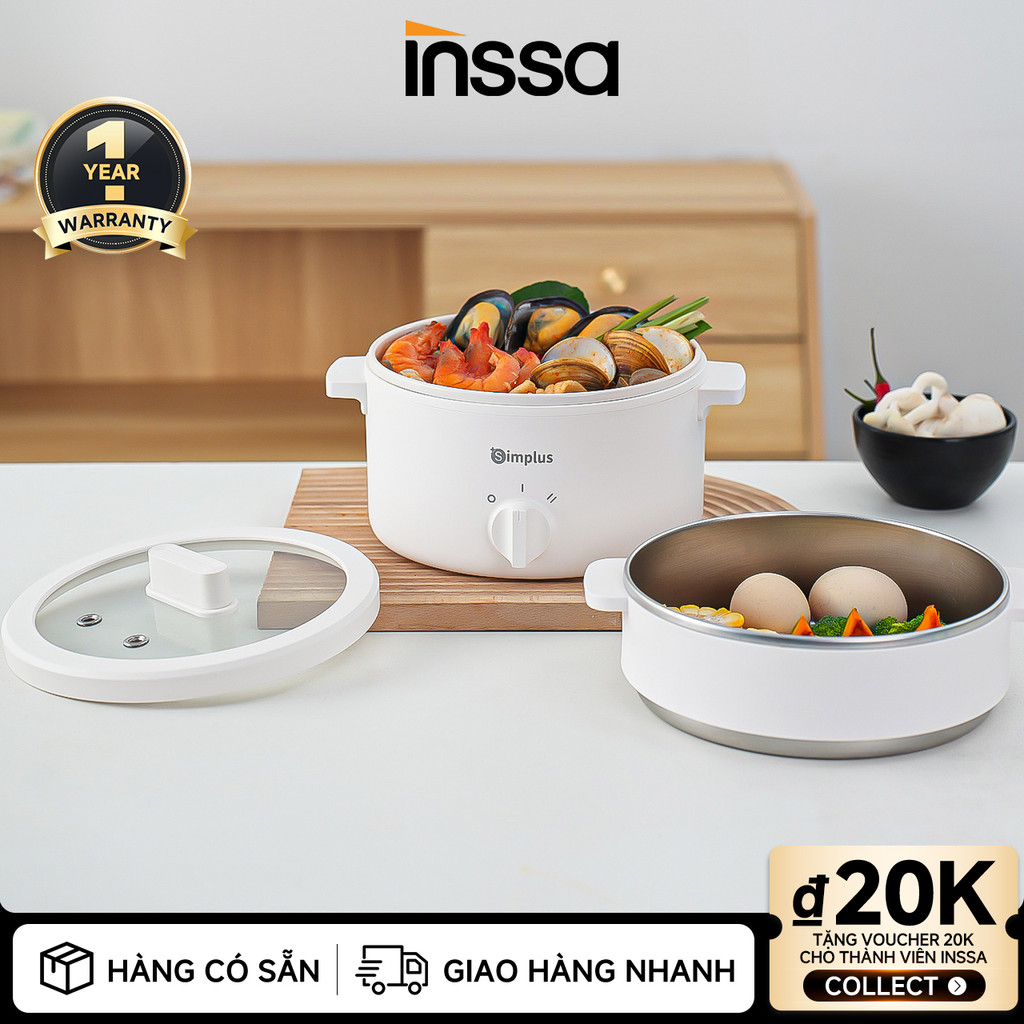 Inssa x Simplus Nồi cơm điện Dung tích 1.8L Nồi điện đa năng Công suất 600W Titan chống dính DZGH013
