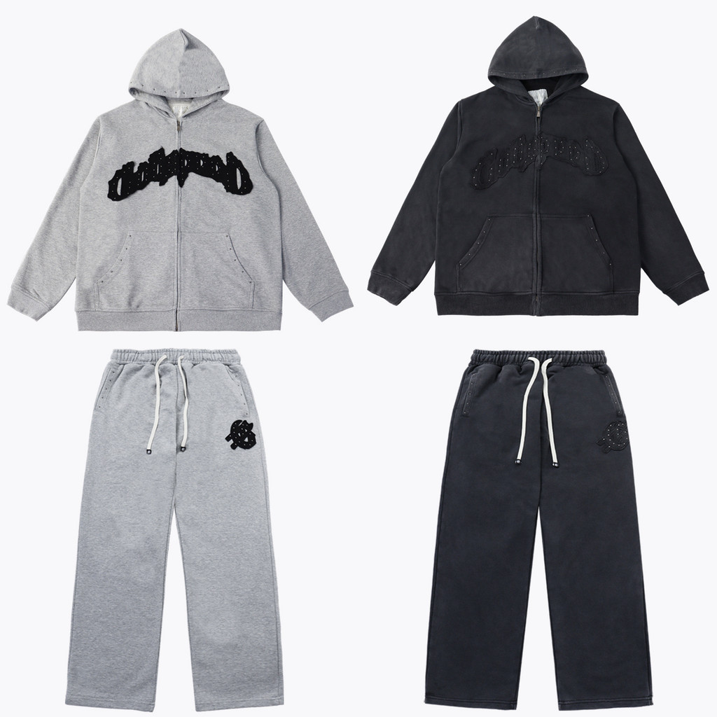 NLSG Godspeed Street-style vintage washed distressed beaded hooded cardigan sweatshirt unisex