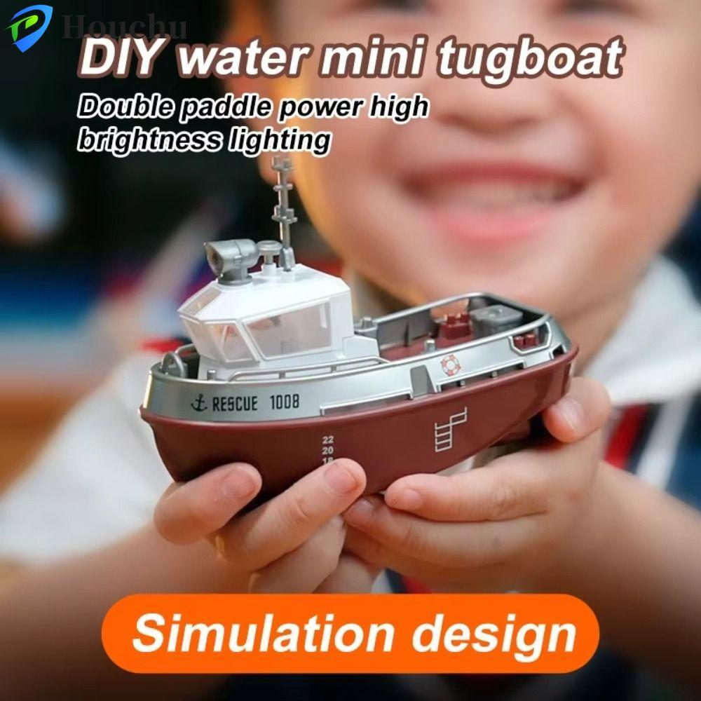 Tàu điều khiển từ xa HOUCHU, Đèn LED Động cơ kép RC Tugboat, Đồ chơi mô hình mạnh mẽ Điện lâu trôi W