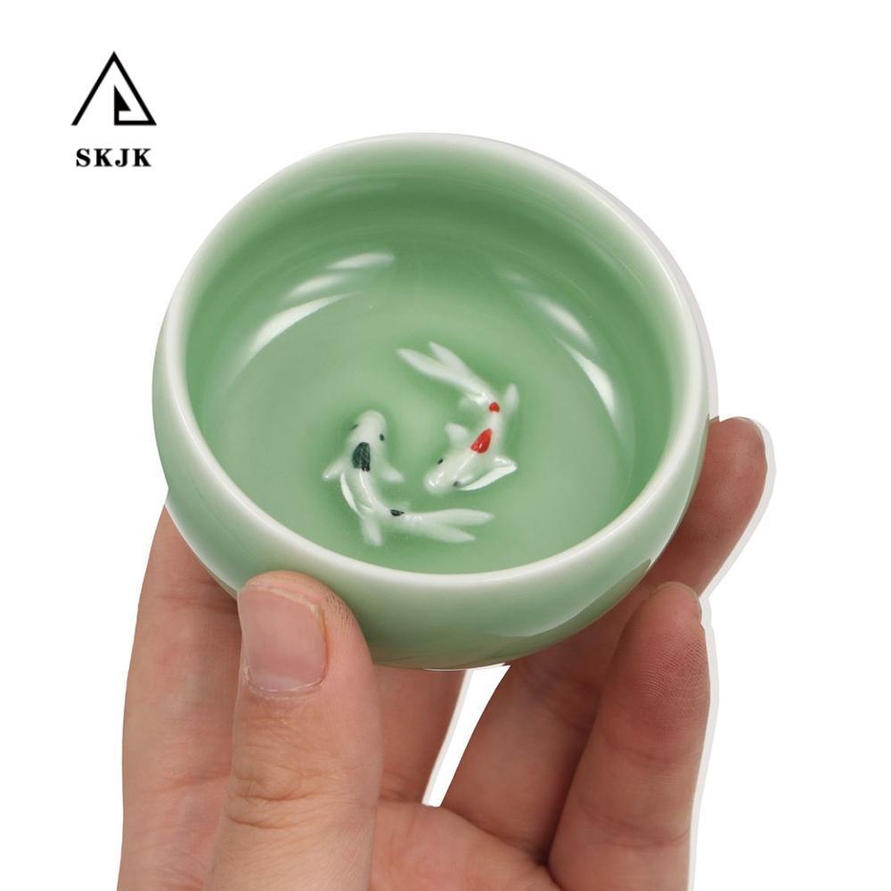 SKJK Golden Fish Celadon Porcelain Teacups, Crackle 60ml Long Tuyền Tea Cup Bowl, Bộ trà Kungfu có t