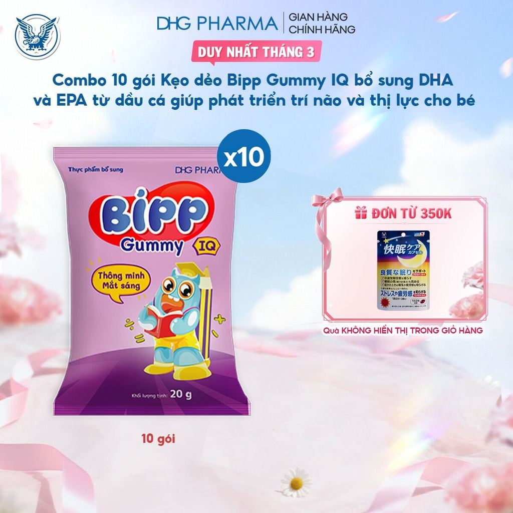 Combo 10 gói Kẹo dẻo Bipp Gummy IQ  bổ sung DHA và EPA từ dầu cá giúp phát triển trí não và thị lực 