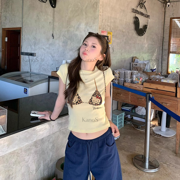 Kanos_shop | fit crop top, Hàn quốc dễ thương đa năng Leopard hellokitty print áo sơ mi nữ tay ngắn