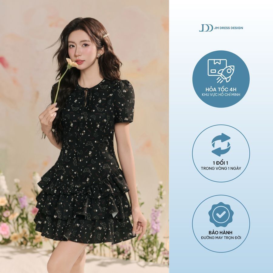 Đầm cổ tròn nhún tầng chân 1R12.2503K, váy đầm tay bồng dáng a xòe tầng tiểu thư nữ tính thiết kế bở