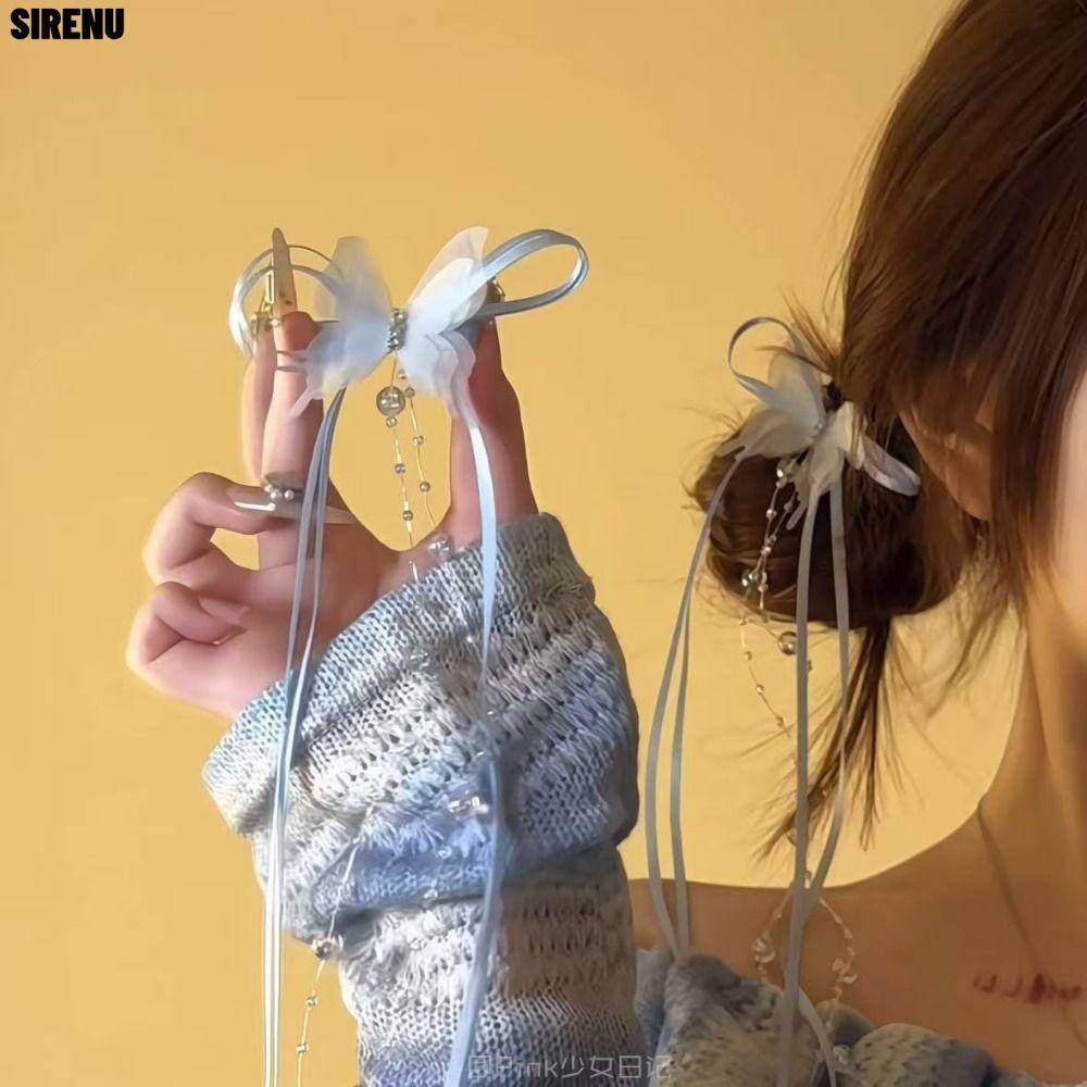 Sirenu Tua rua dai kep toc nơ đính hạt thủy tinh kim cương giả, phong cách Y2K mỏ vịt