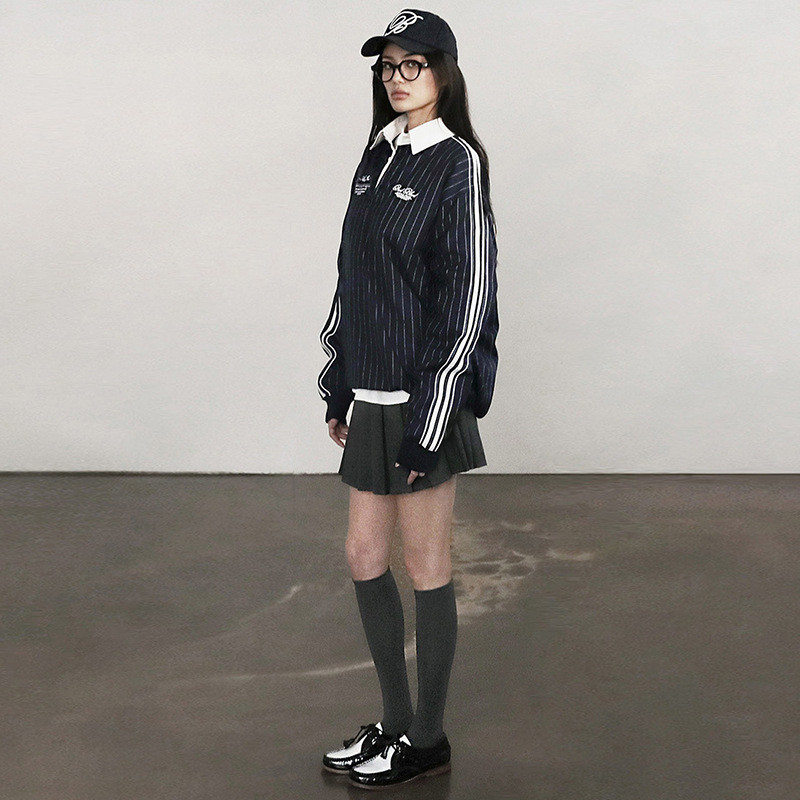 Badblood  bcac Series of vintage striped shirts for women, casual niche style, collared long-sleeve 