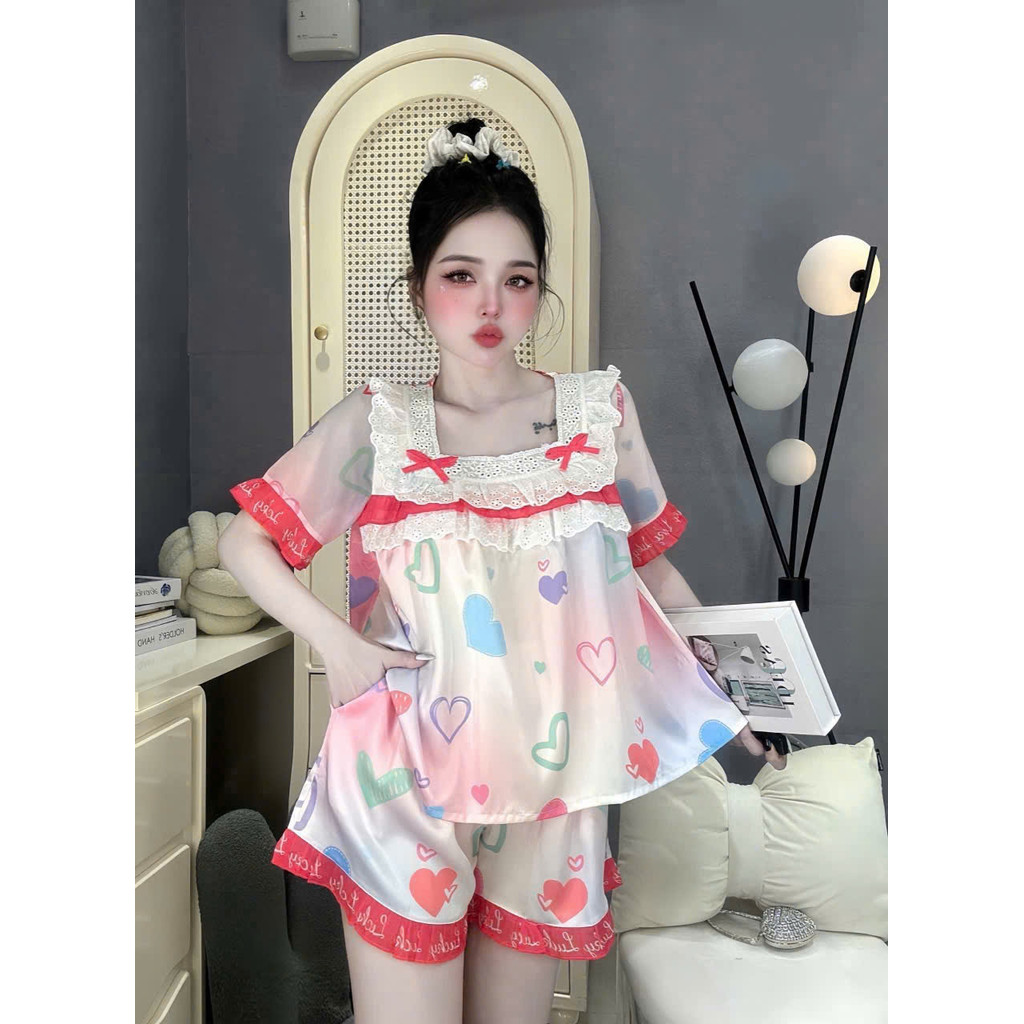 Bộ ngủ tiểu thư bánh bèo đồ bộ tiểu thư set đồ bộ ngủ nữ 2 dây dễ thương quần đùi vải lụa xước - CN4