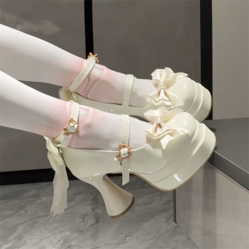 Mary Jane Giày Lo Block Gót jk Giày lita Ngọt Ngào Phong Cách Nhật Bản Lo Mũi Tròn Giày Cao Gót Nơ G