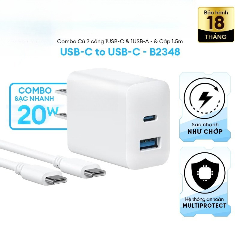 Combo Củ sạc nhanh  | 2 cổng 1USB-C & 1USB-A | Kèm Cáp sạc USB-C to USB-C- B2348