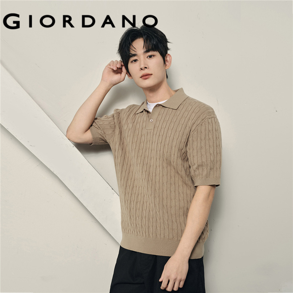GIORDANO MEN 100% Cotton short sleeve cable knit polo shirt 01056575