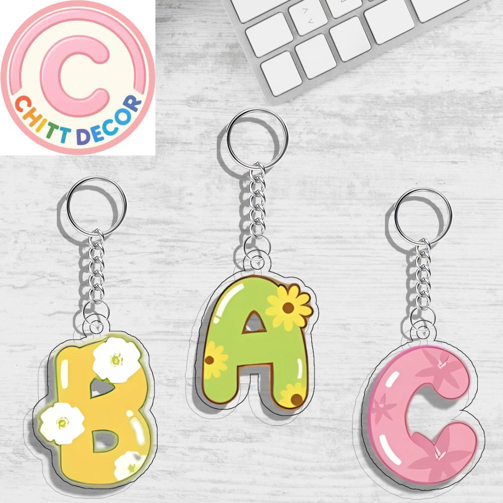 GANTUNGAN Initial Letter Flower Keychain | UV Printed 2 Sides on 3 mm Acrylic Frame