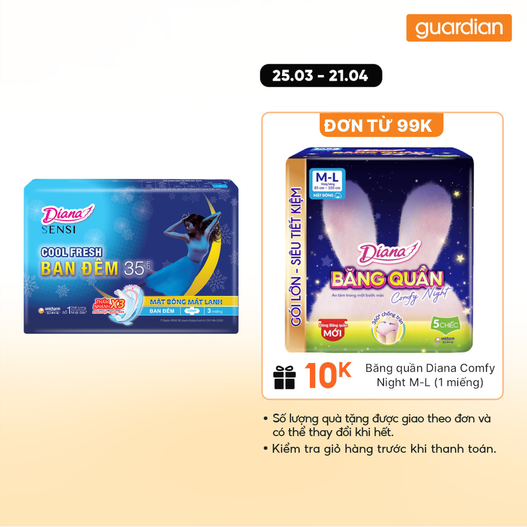 Băng Vệ Sinh Có Cánh Sensi Night Cool 35cm Diana 3 Miếng