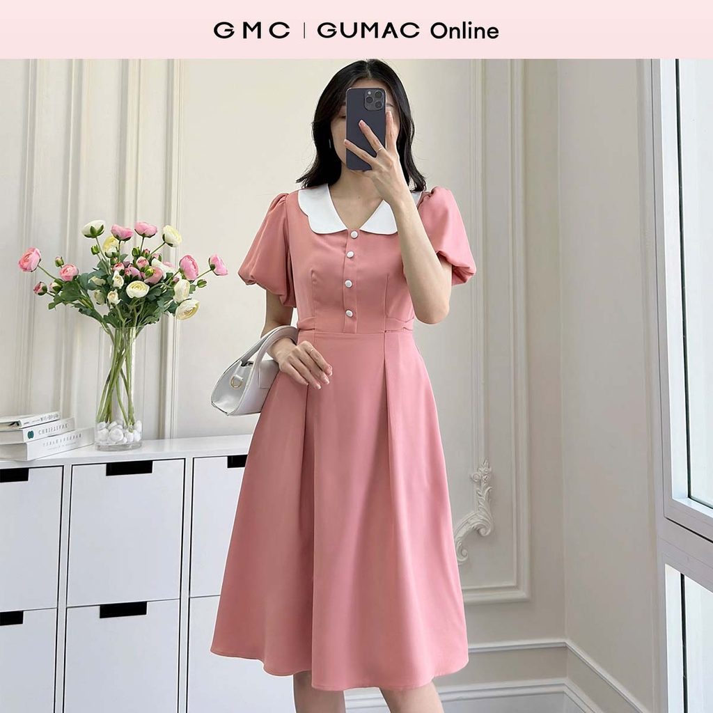 Đầm nữ dáng A xòe thiết kế màu hồng tay bí phối cổ trắng thanh lịch công sở thời trang GUMAC LDF0334