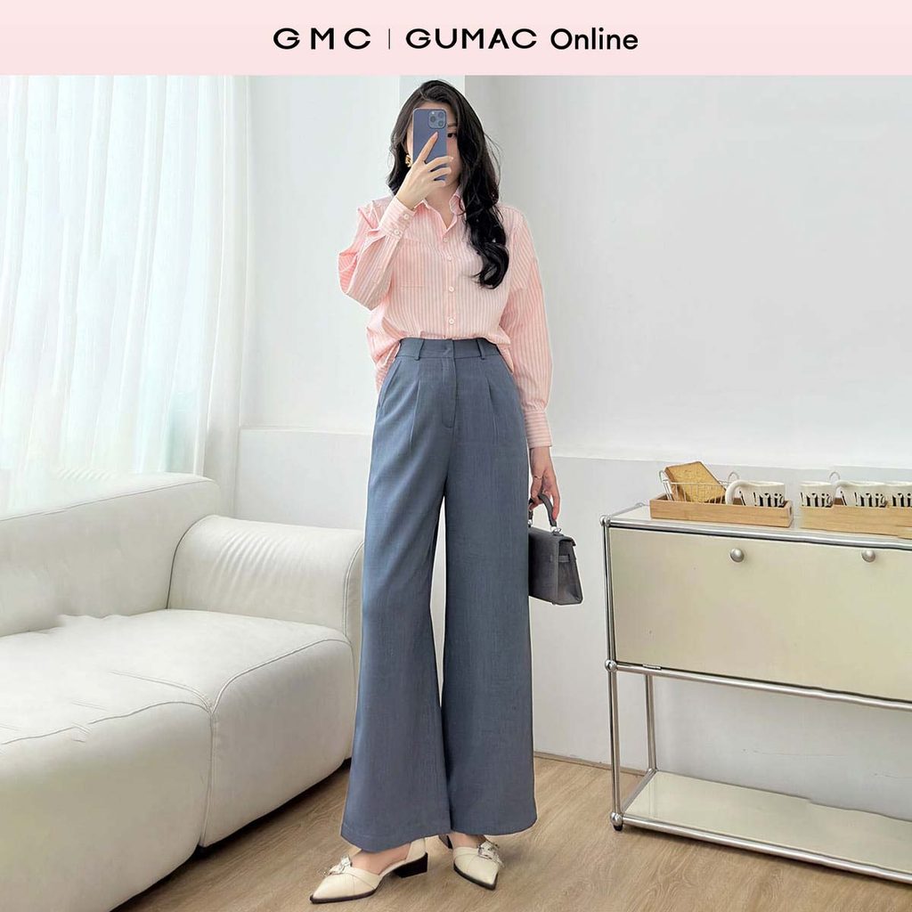 Quần tây nữ ống rộng xếp ly cài nút trong kèm dây cột nơ màu xám công sở thời trang GUMAC LQF0503