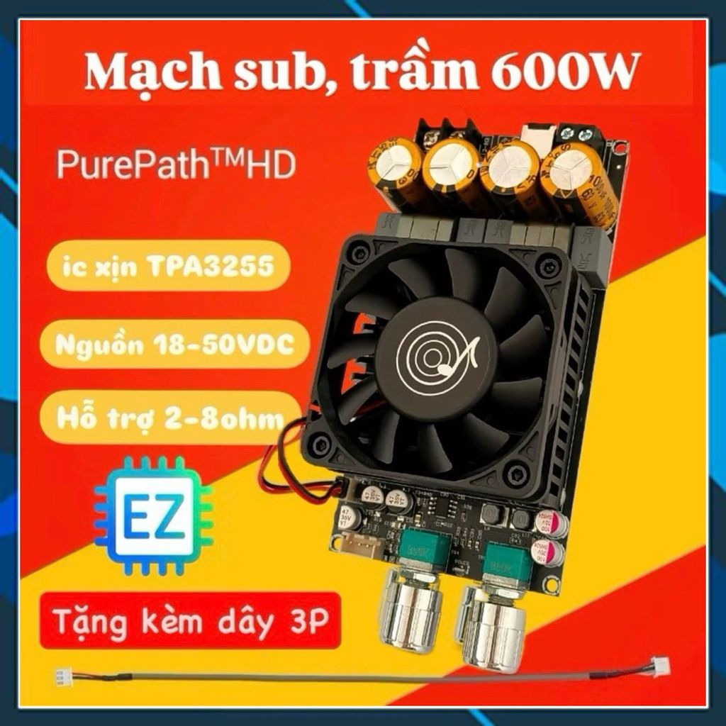 ZK-6001 Mạch khuyếch đại, công suất sub, siêu trầm TPA3255 600W, 18-50VDC tích hợp điều chỉnh cắt tầ