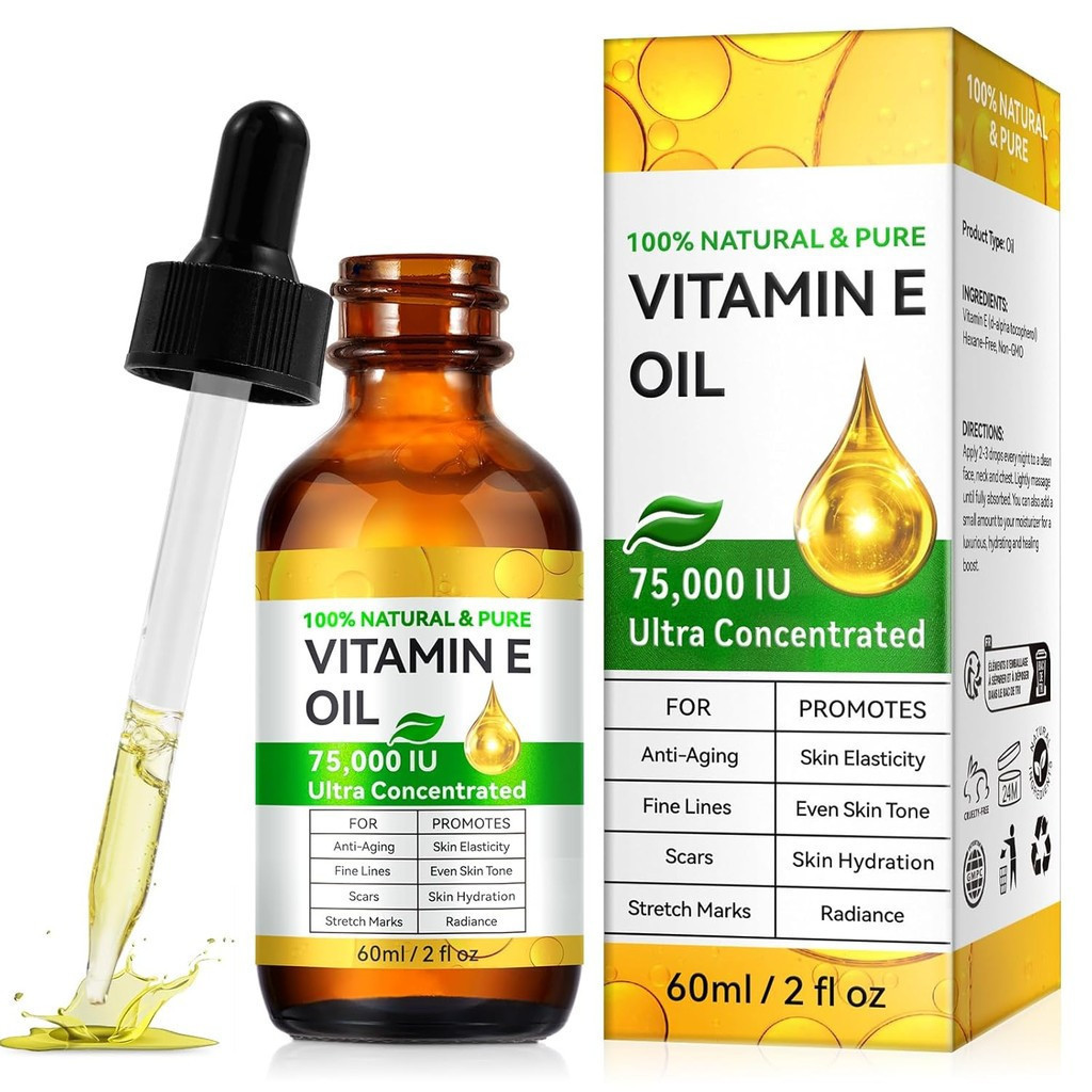 Hỗn hợp dầu Vitamin E 75.000 IU, Dầu Vitamin E nguyên chất cho da, mặt và sẹo, Dầu tắm dưỡng ẩm cho 