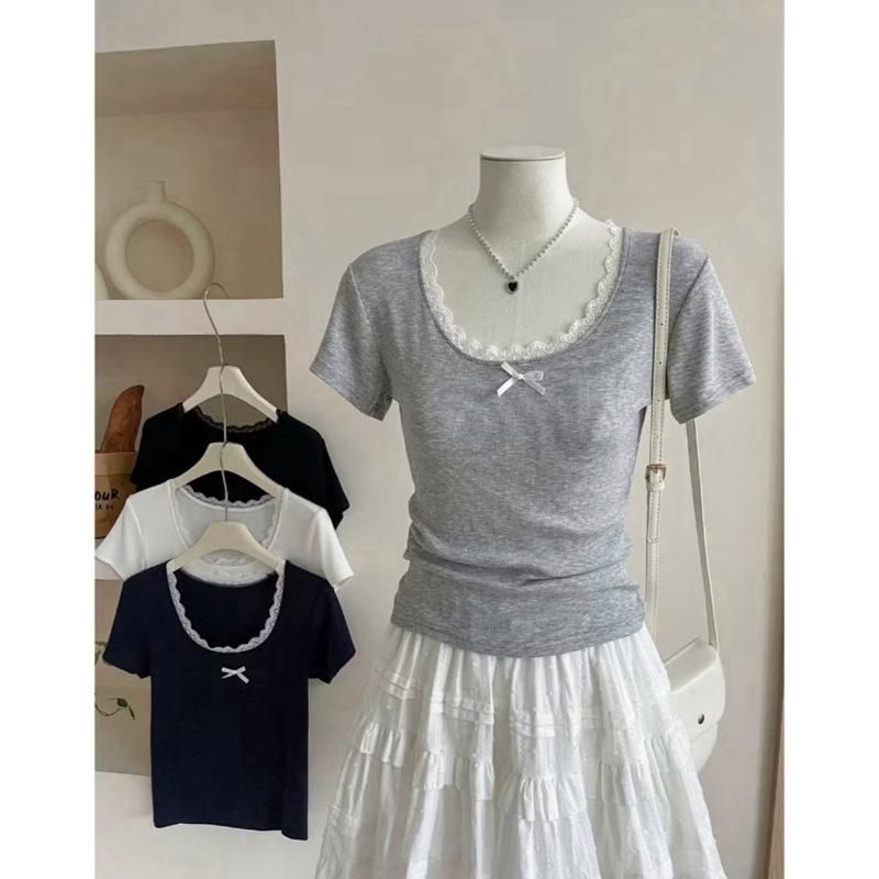 A5d Áo thun nữ tay ngắn cổ vuông đính nơ đính ren  freesize < 53kg