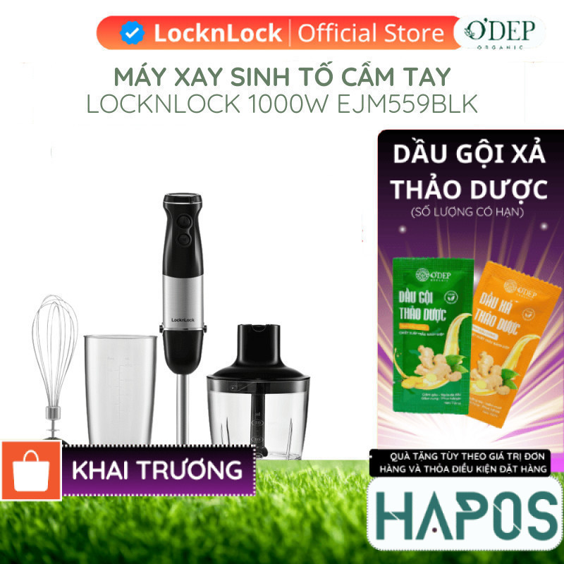 Máy xay sinh tố LocknLock cầm tay 1000W Speed Hand Blender EJM559BLK 500ml 600ml - Chính Hãng - HAPO