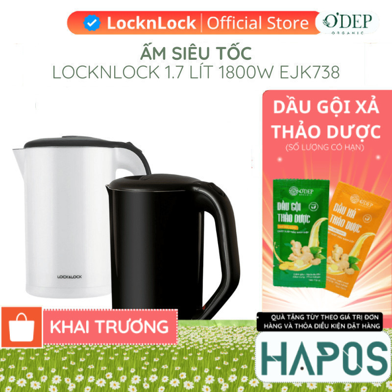 Ấm siêu tốc 1.7L 1800W LocknLock Chính Hãng đun sôi nhanh, lõi Inox chống ăn mòn EJK738BLK - BH 2 NĂ