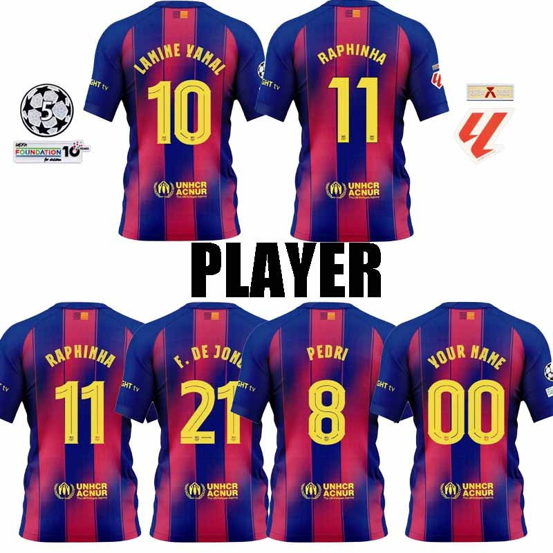 Áo bóng đá nam Barça sân nhà, in hình Lamine Yamal, Rafinha & F. de Jong