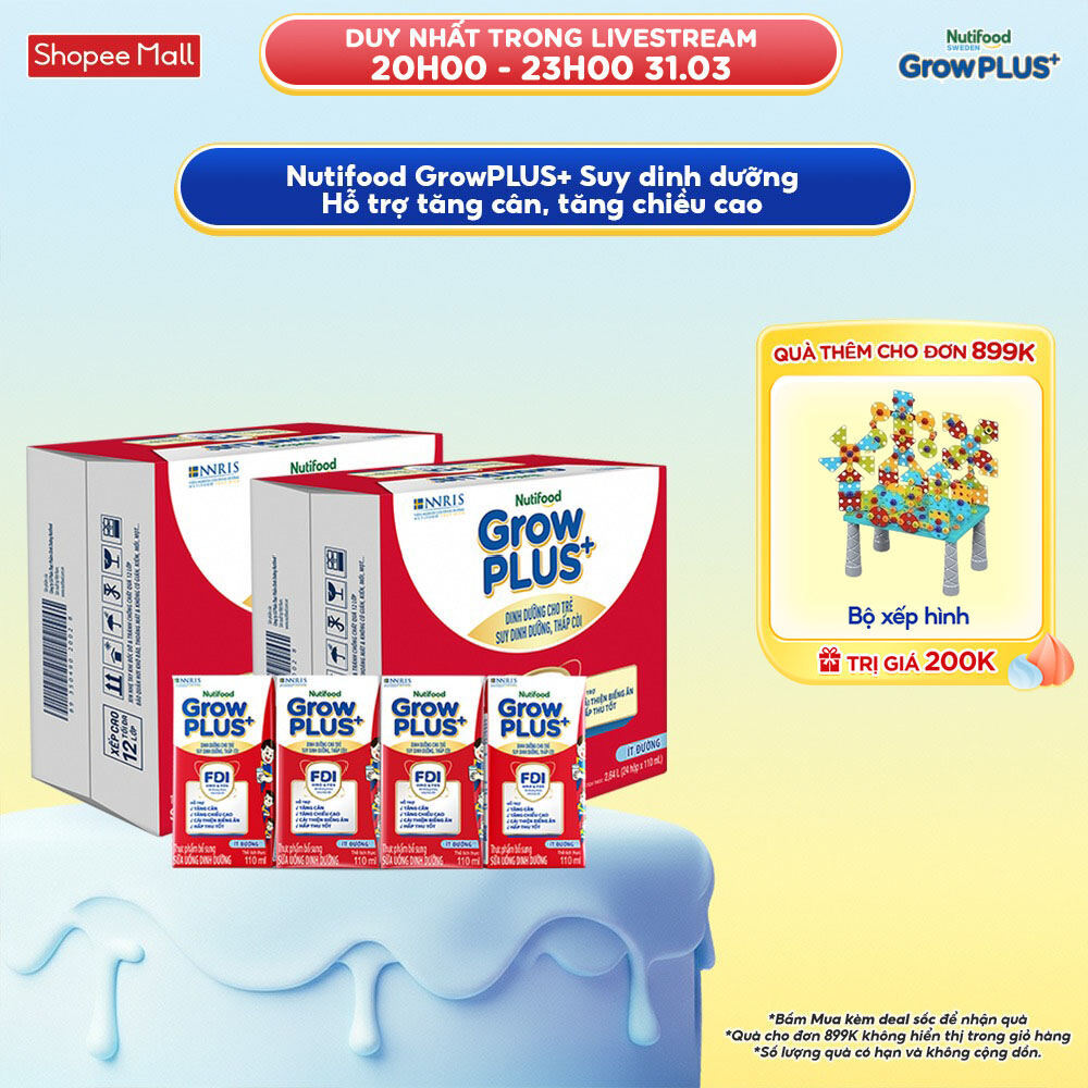 Combo 2 Thùng 24 SBPS Nutifood GrowPLUS+ Suy Dinh Dưỡng Ít đường 110ml - Tăng Cân, Tăng Chiều Cao (B