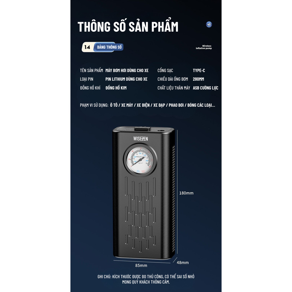Bơm Lốp ô Tô Wisezen điện Xe Máy đạp Bóng Không Dây Cầm Tay Theo Dõi áp Suất Lốp Bảo Hành 24 Tháng | BigBuy360 - bigbuy360.vn