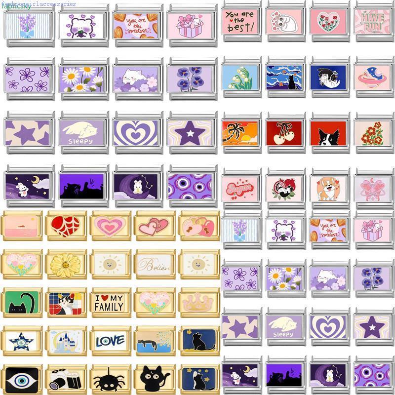 Fashion Dreamy Purple Flowers Cats Moon Heart Italian Charms Fit 9mm Stainless Steel Women Bracelet 