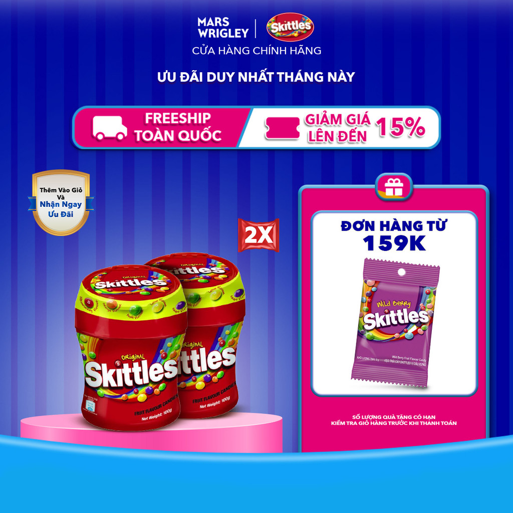 Combo 2 hũ Kẹo Skittles Hương Trái Cây hũ 100g Viên kẹo trái cây