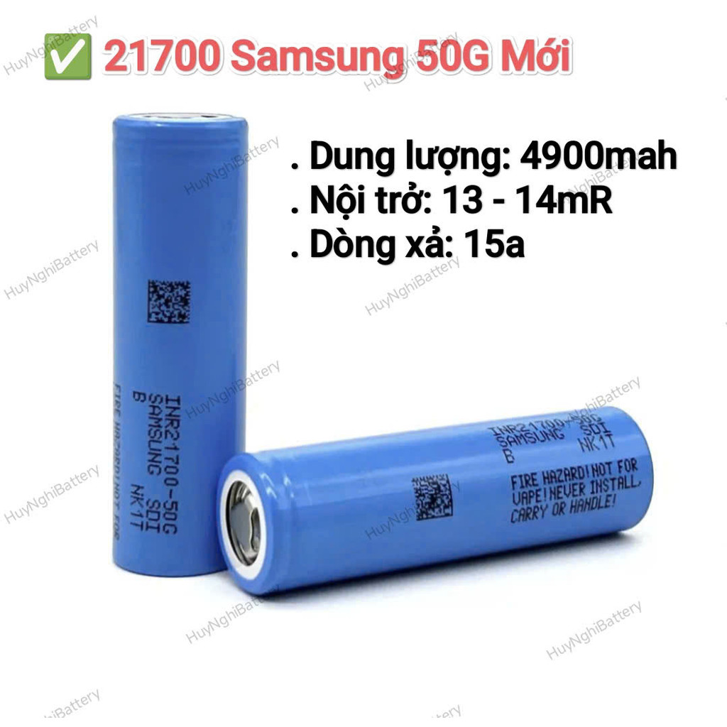 21700 Samsung 50G Mới, Dung lượng 4900mah, Nội Trở: 12-13mR, dòng xả tối đa: 15a