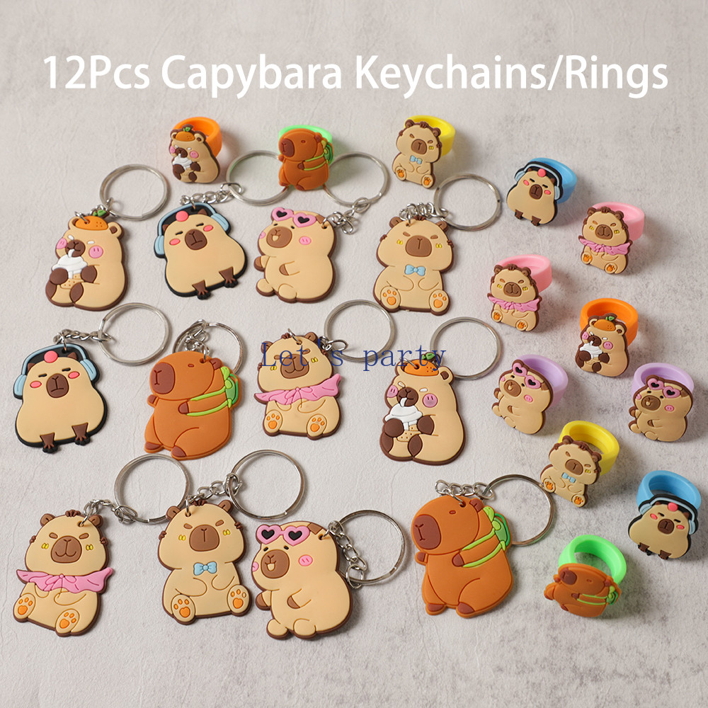 12Pcs Cartoon Animal Capybara Silicone Keychains Rings for Kids Birthday Party Favors School Rewards