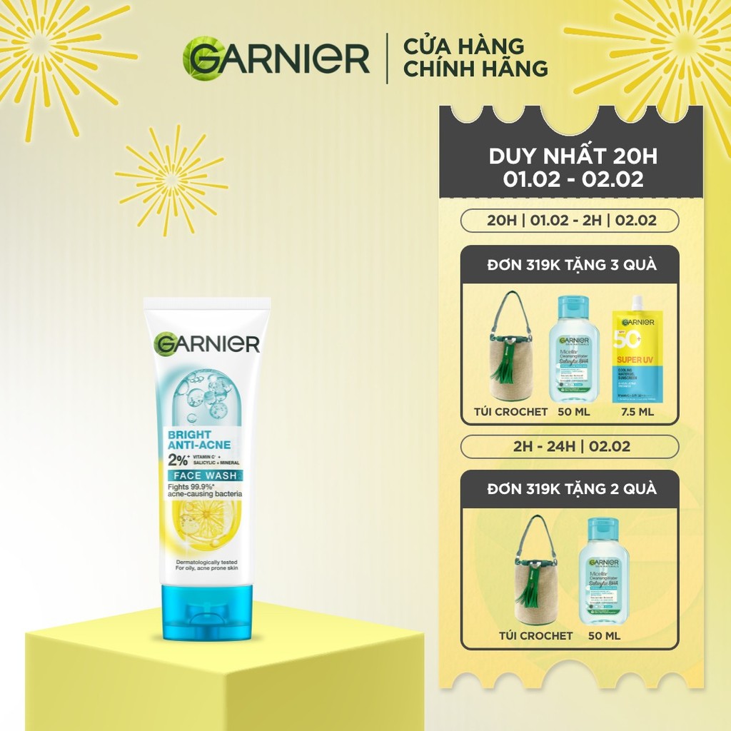 Sữa rửa mặt 3-trong-1 giảm mụn & sáng da Garnier Bright Complete Anti-Acne Foam 100ml